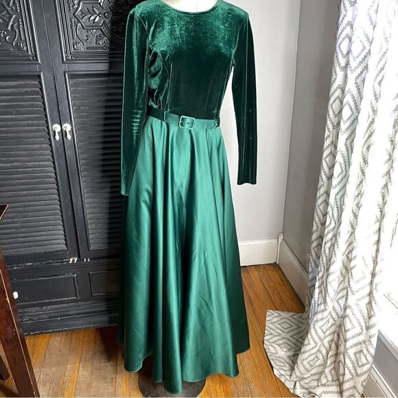 Vintage 70s Scott McClintock Velvet Belted‎ Long Sleeve Cocktail Dress Emerald 8 - Picture 3 of 10